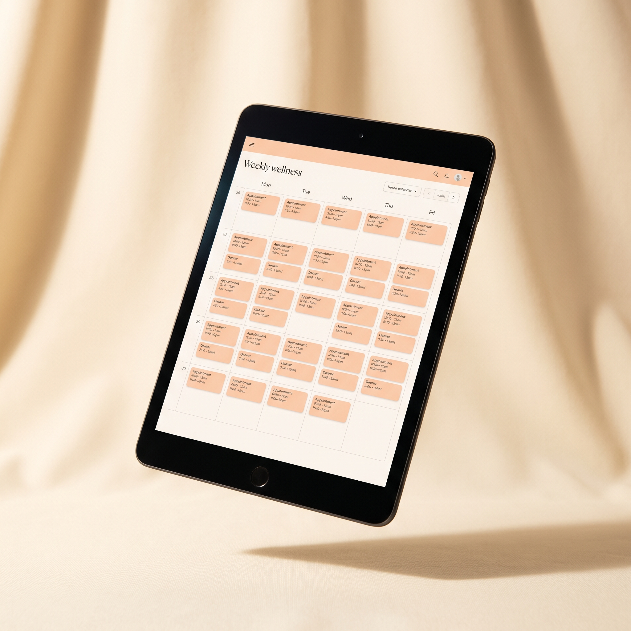 iPad displaying a calendar with peach-highlighted appointment cards