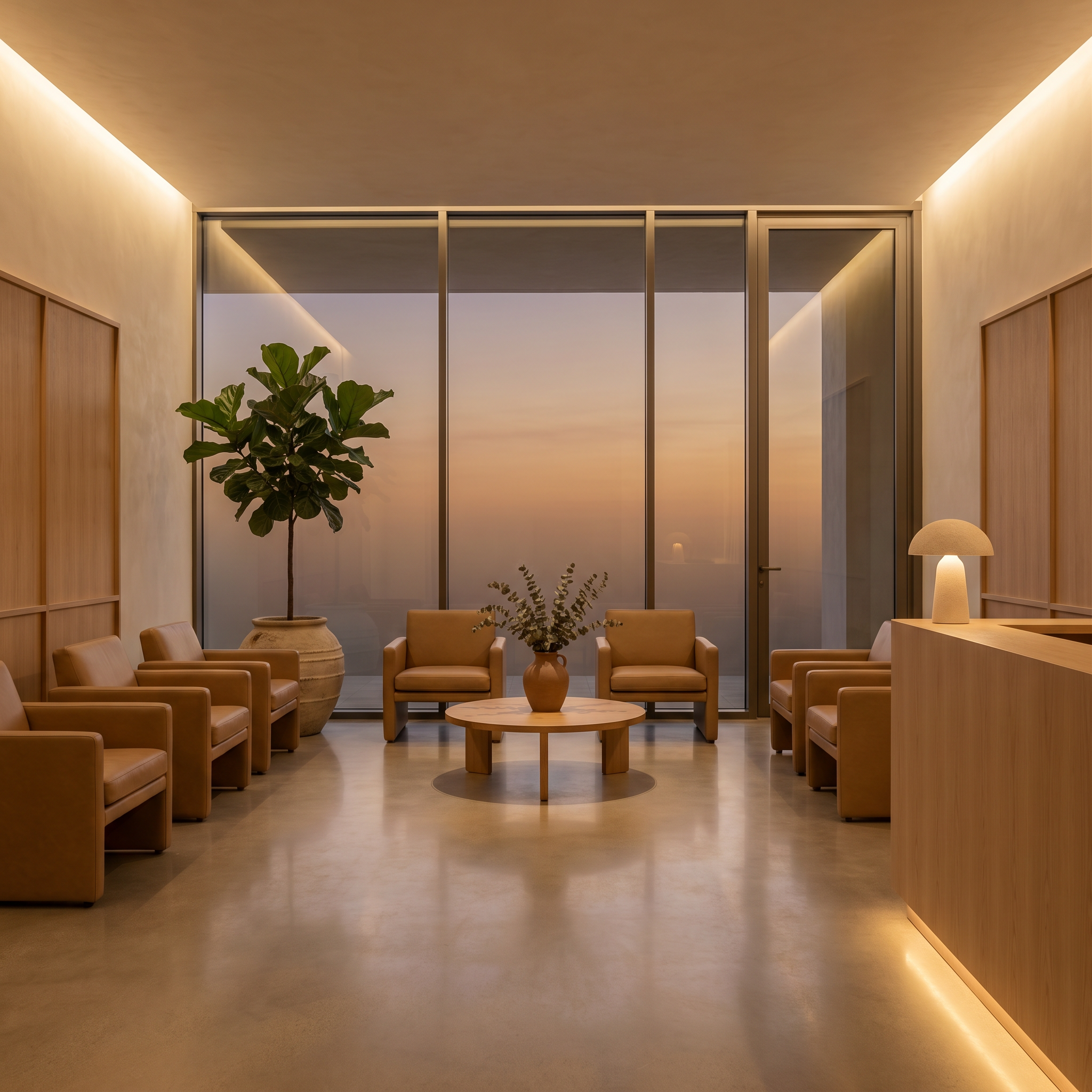 An empty wellness clinic waiting lobby at dusk