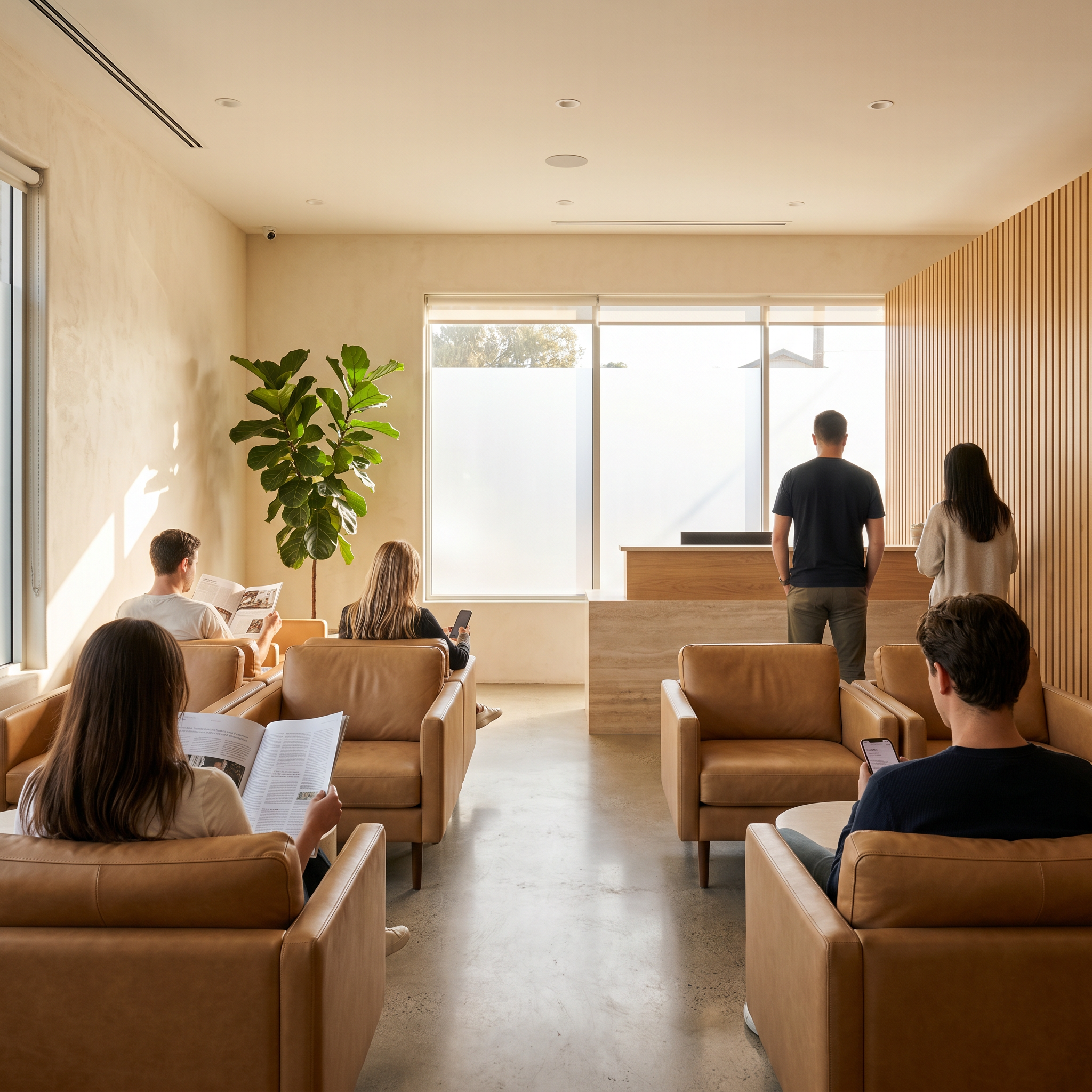 The same wellness clinic now full of patients — all shown from behind, no faces visible